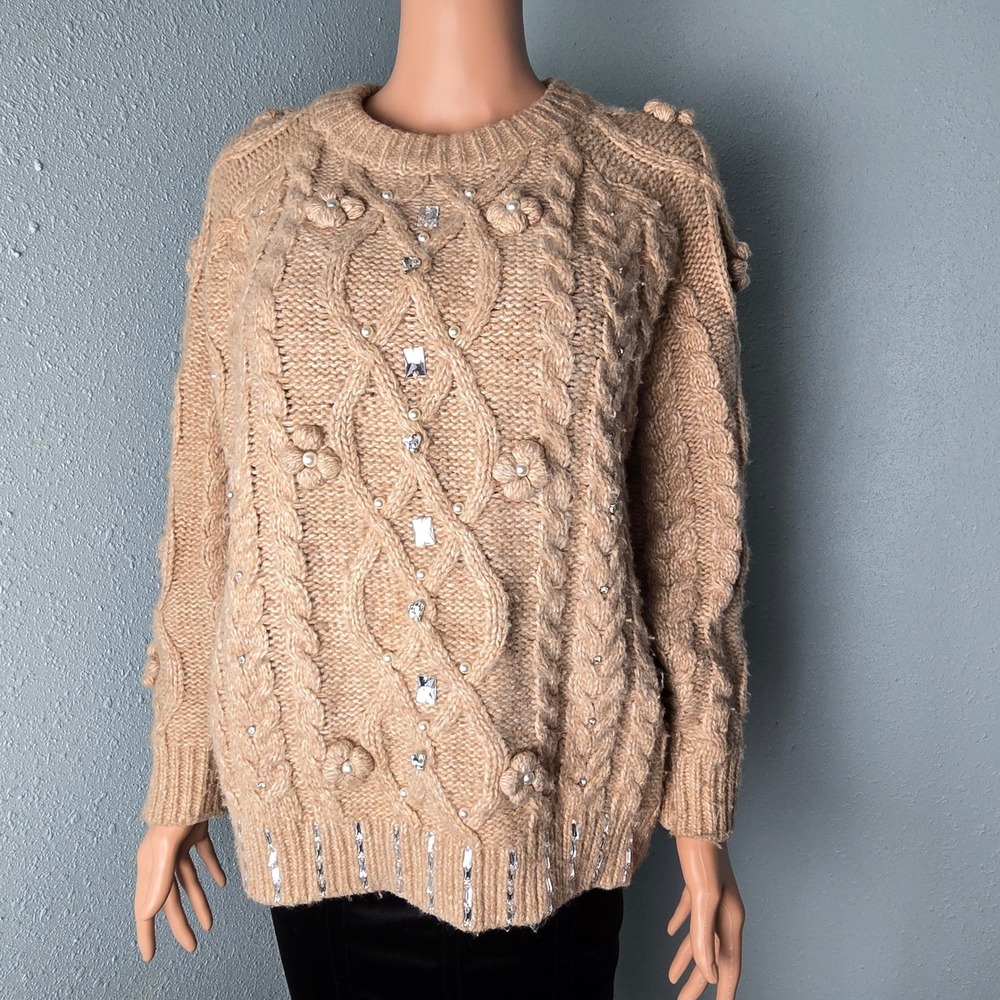 ZARA Embellished Cable Knit Sweater Beige Sparkle Flowers Crystals Size S